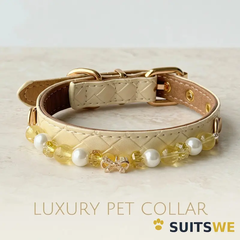 Quilted Leather Pearl & Citrine -1 Quilted Leather Pet Collar with Pearl Citrine Chain