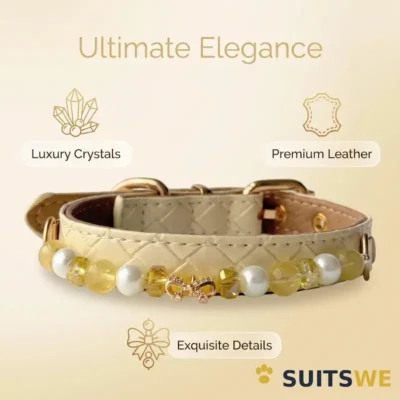 Quilted Leather Pet Collar - Pearl Citrine Chain