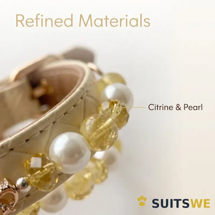Quilted Leather Pet Collar - Pearl Citrine Chain