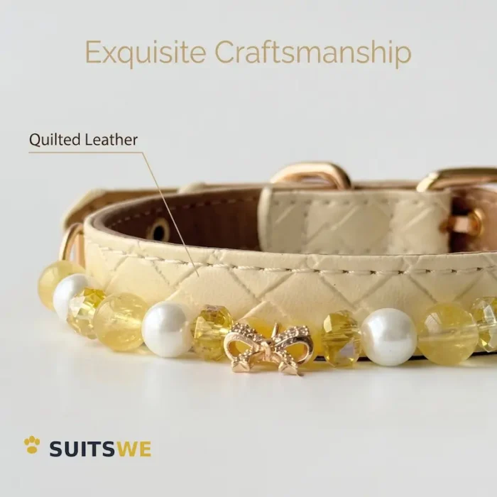 Quilted Leather Pet Collar - Pearl Citrine Chain