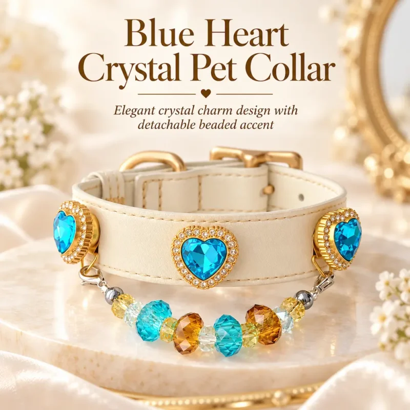 blue heart crystal pet collar with detachable beaded charm1 Blue Heart Crystal Pet Collar with Detachable Beaded Charm | Elegant Cat & Dog Collar