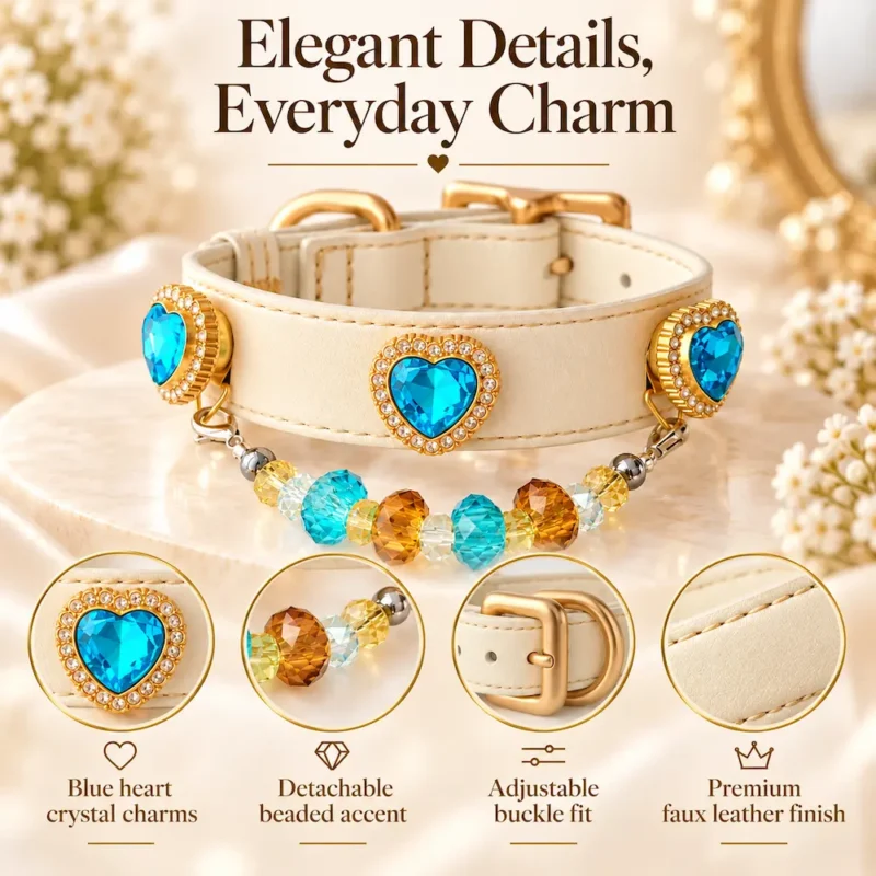 blue heart crystal pet collar with detachable beaded charm2 Blue Heart Crystal Pet Collar with Detachable Beaded Charm | Elegant Cat & Dog Collar
