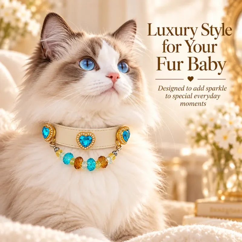 blue heart crystal pet collar with detachable beaded charm4 Blue Heart Crystal Pet Collar with Detachable Beaded Charm | Elegant Cat & Dog Collar